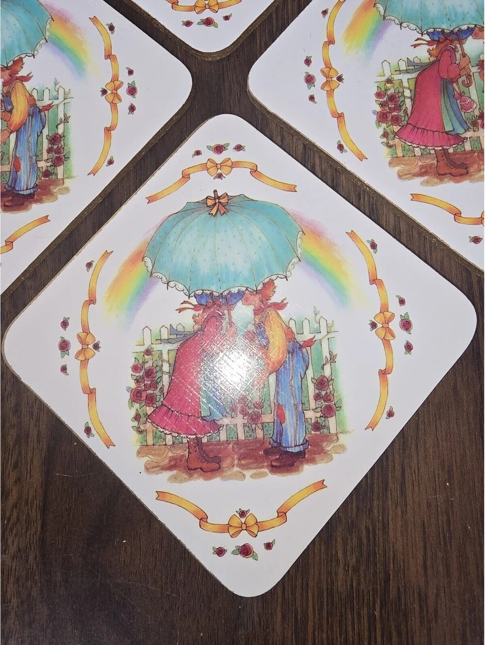 “Vintage Country Girl Boy Rainbow Cork Coaster Cottagecore Holly Hobbie Style”